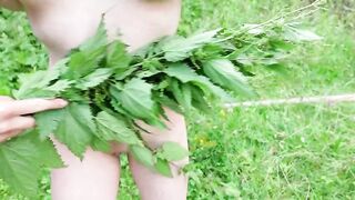 Femdom spanks me with nettles until I can't take it anymore! Then I jerked off totally public!