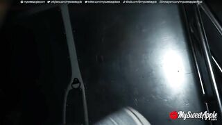 Risky Public Sex in a Moving Van ends with Cumshot on her Tits